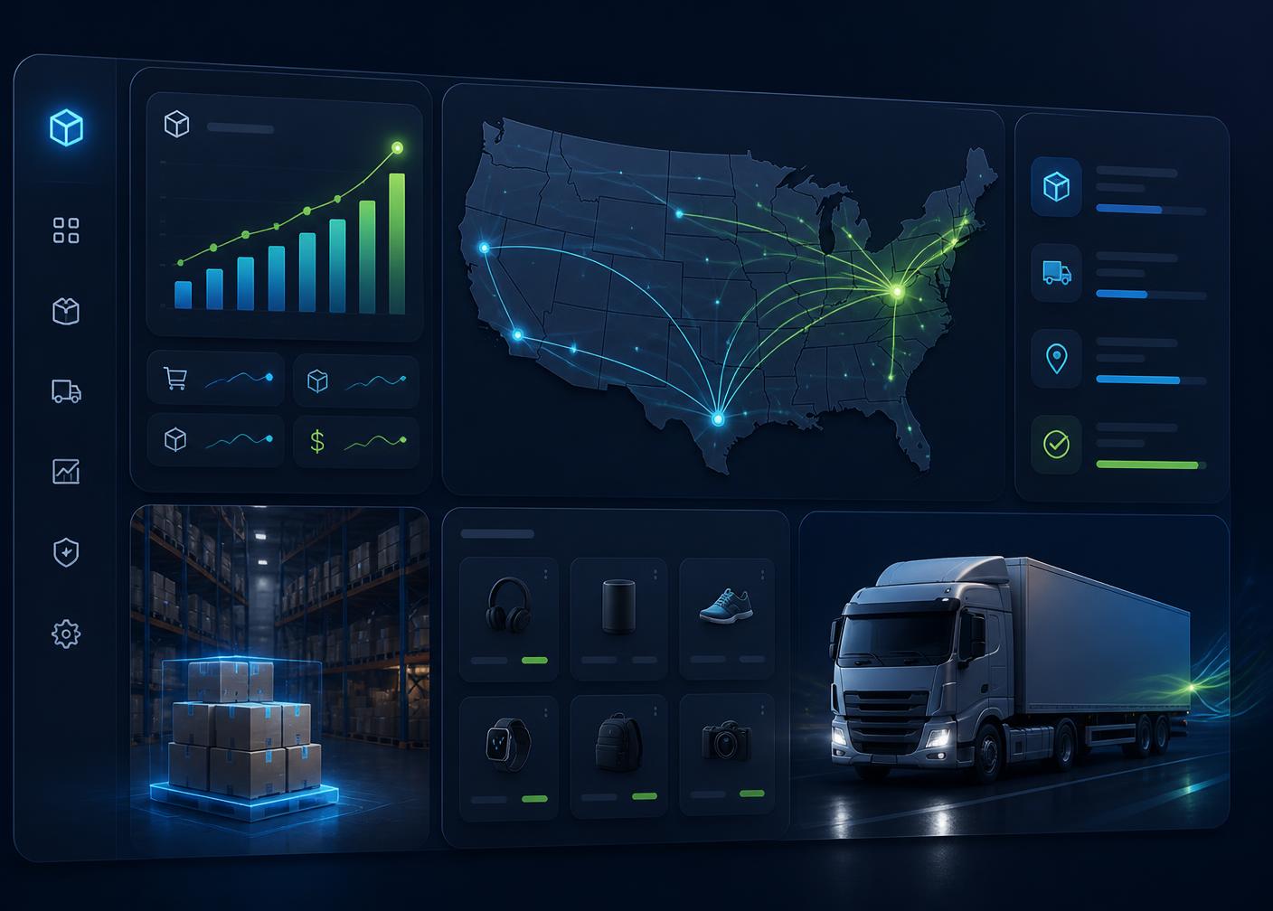 David Vargas Ferreira dddd warehouse dashboard showing US shipping routes, live order analytics, and same-day fulfillment